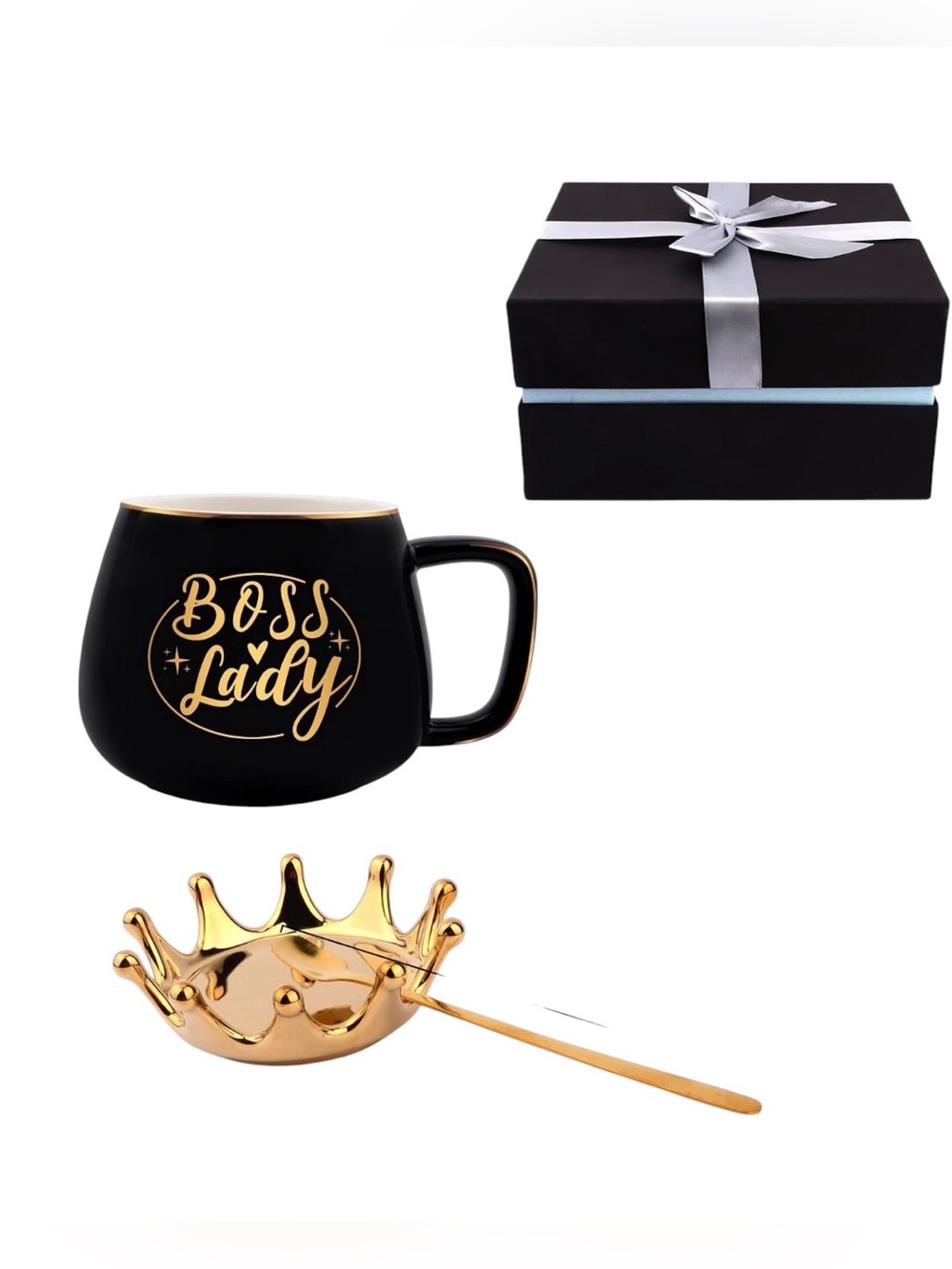 Boss Lady Black & Gold Crown Coffee Tea Mug Cup With Stir Spoon